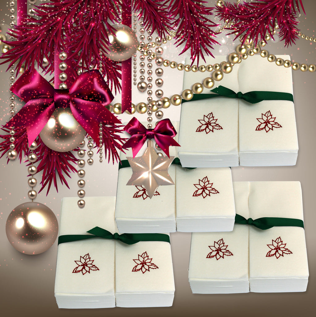Nature's Linen Disposable Guest Hand Towels Wrapped with a Ribbon 200ct - Christmas / Holiday Collection Embossed with a Poinsettia