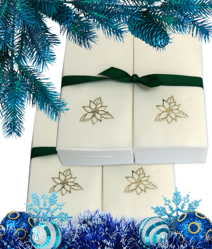 Nature's Linen Disposable Guest Hand Towels Wrapped with a Ribbon 100ct - Christmas / Holiday Collection Embossed with a Poinsettia