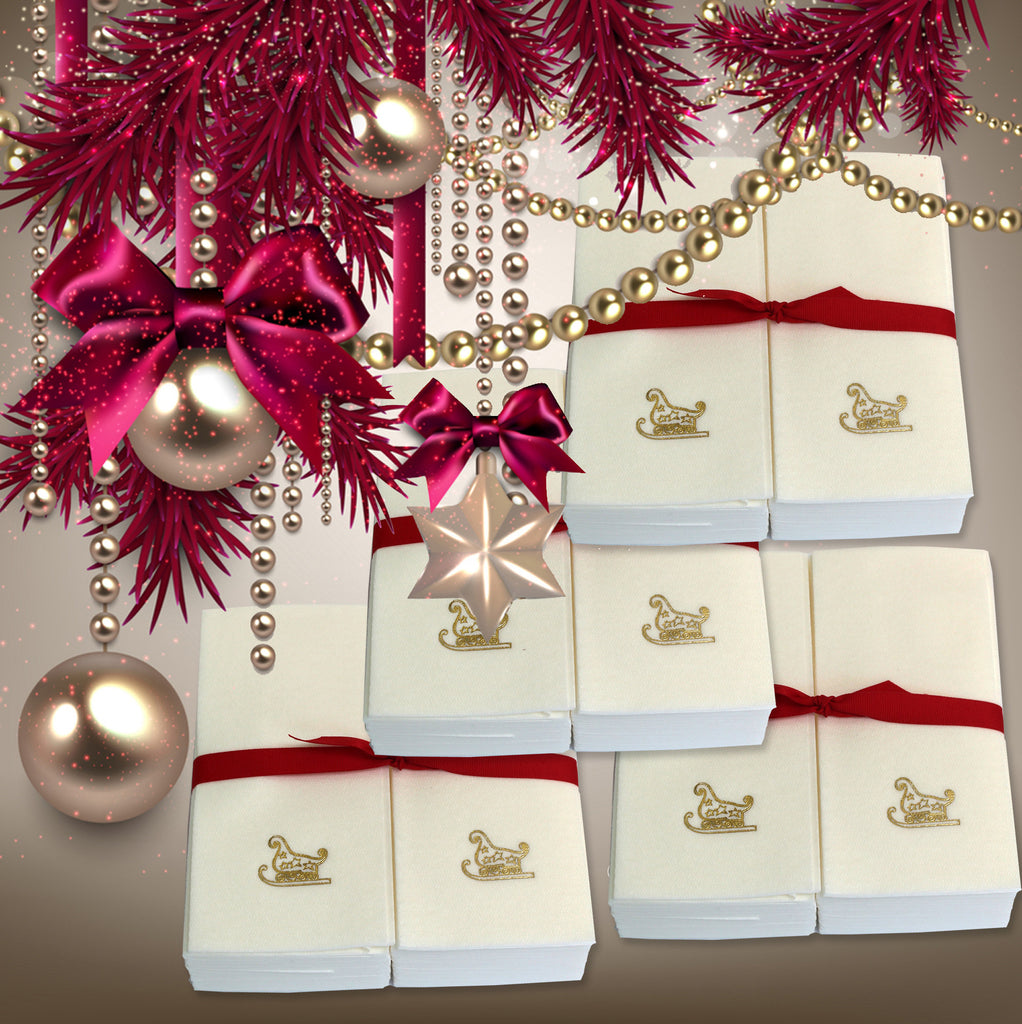 Nature's Linen Disposable Guest Hand Towels Wrapped with a Ribbon 200ct - Christmas / Holiday Collection Embossed with Sleigh