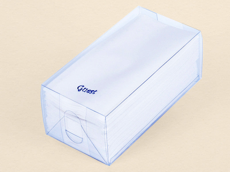 Personalized 36 Linen Like (paper) Disposable Guest Hand Towels. Packed in an acetate box this 36 count disposable hand towels is personalized with your name or text.