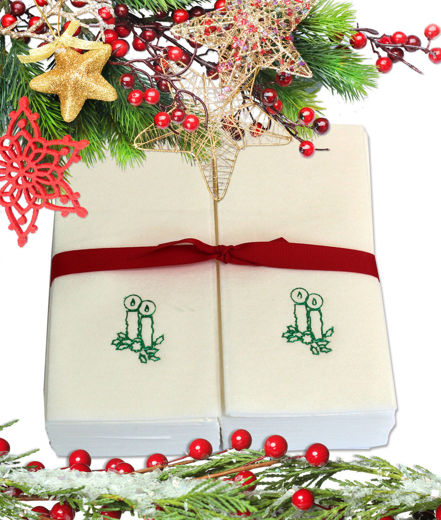 Nature's Linen Disposable Guest Hand Towels Wrapped with a Ribbon 50ct - Christmas / Holiday Collection Embossed with Candles