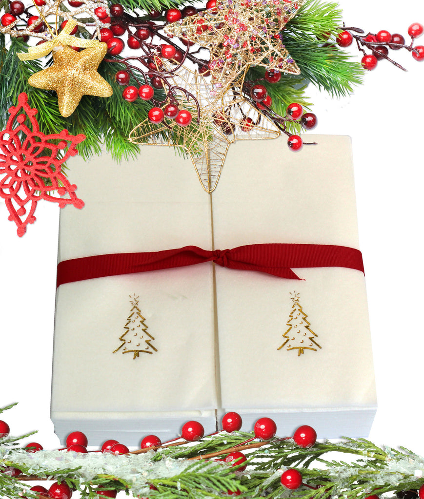 Nature's Linen Disposable Guest Hand Towels Wrapped with a Ribbon 50ct - Christmas / Holiday Collection Embossed with a Christmas Tree