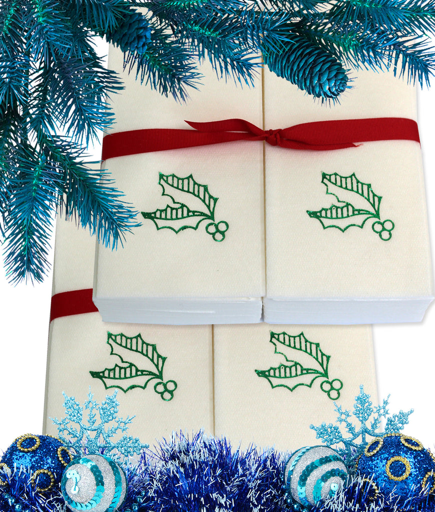 Nature's Linen Disposable Guest Hand Towels Wrapped with a Ribbon 100ct - Christmas / Holiday Collection Embossed with Holly Leaves