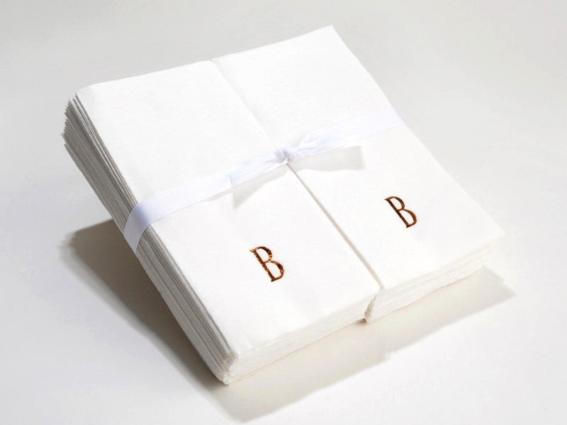 Personalized Linen Like (paper) Disposable Guest Hand Towels - Bulk Pack of 50 with a Ribbon – personalized with a single initial.