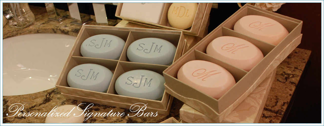 Signature personalized engraved scented soap bars – available in 8 fragrances – personalize one of four ways, with a monogram, single initial, name/text or graphic/custom logo – from New Hope Soap – available in single, duo, trio and quad bar boxes